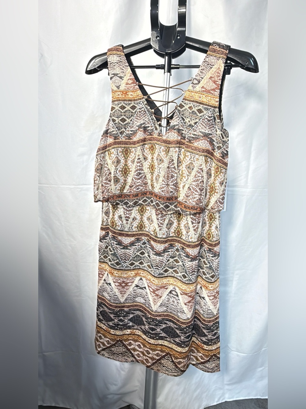 Emma & Michele Boho Print Dress in Brown, Cream and Gold